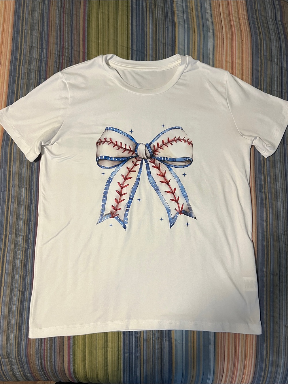 White Tee with Blue & Red Baseball Bow Graphic